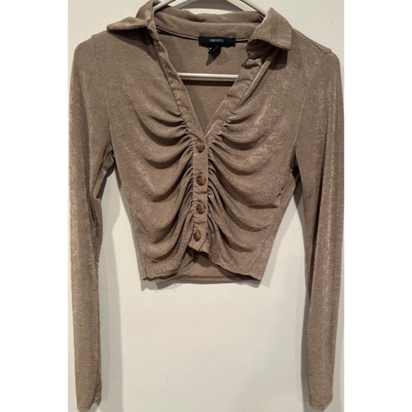 Forever 21 Long Sleeved Button Down Ruffled Gold Sparkle Crop Top - Picture 11 of 16